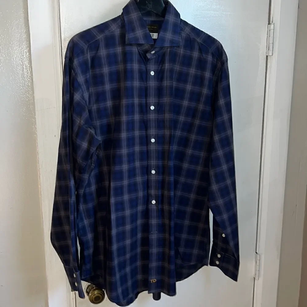 THOMAS DEAN Cobalt Blue and Grey Plaid L/S Button Up Shirt-L
